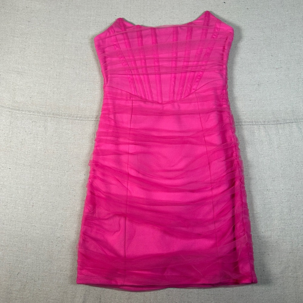 Hot Pink Ruched Mesh Corset Style Bodycon Mini Dress Small Barbie Coquette - Picture 9 of 10